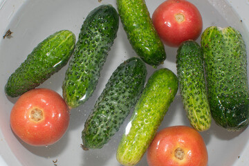 Close up view of cucumbers and tomatoes soaked in water	