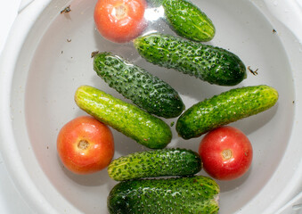 Close up view of cucumbers and tomatoes soaked in water	