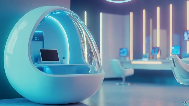 Futuristic individual workspace pod in modern office promoting productivity and focus