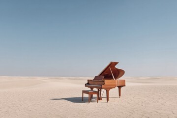 A grand piano and stool in a vast sandy desert under a clear blue sky.