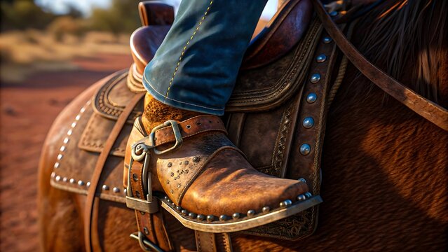 Close up of cowboy boot in stirrup on leather horse saddle outdoors 
 - Powered by Adobe