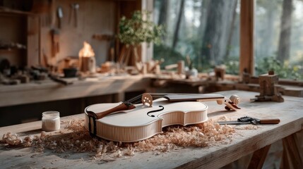 A handcrafted violin rests on a wooden table surrounded by woodworking tools in a workshop.
