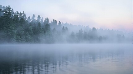 Fototapeta premium Morning Fog Over Riverbank Forest