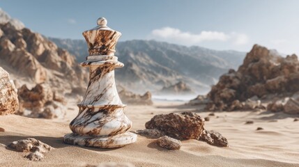 A large marble chess piece stands on sandy terrain, surrounded by rocky formations and mountains in the background.