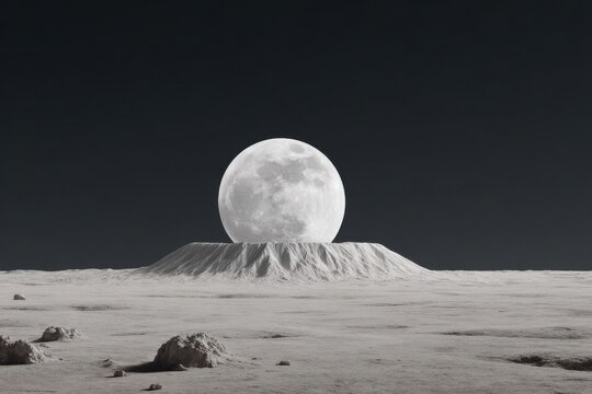 A large moon rises over a textured lunar landscape, creating a dramatic contrast against black sky.