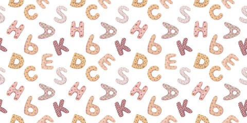 This playful seamless pattern features scattered stylized letters of the Cyrillic alphabet, designed to look like soft, textured toys or pillows. The letters are in muted pinks, yellows, and browns 