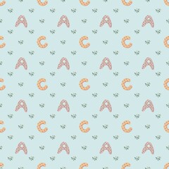 This delicate seamless pattern features a charming arrangement of stylized capital letters 'A' and 'C' interspersed with small floral sprigs on a soft blue background. The letters have subtle