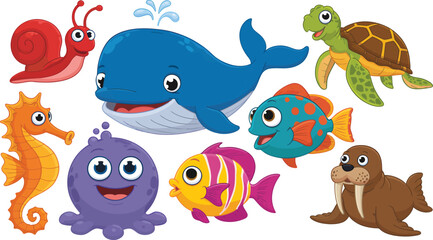 Cute collection of cartoon sea animals. Vector illustration set of marine life characters.