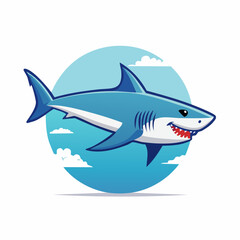 Fototapeta premium Cartoon Shark with Blue Circle and Clouds: A Fun and Friendly Underwater Illustration