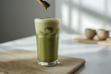 A tall glass of creamy iced matcha latte with frothy foam on top being drizzled with more matcha powder