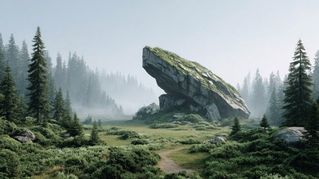 A large, moss-covered boulder stands prominently in a misty forest clearing surrounded by tall pine trees.