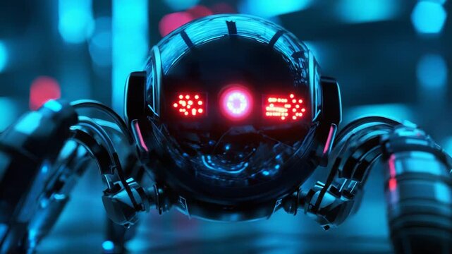 Futuristic spider like robot exploring neon lit city at night