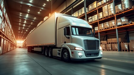 Fototapeta premium Cargo Vehicle Navigating Urban Freight Storage Depot for Global Commerce and Transportation Needs