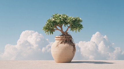 A lush succulent plant in an artistic pot against a blue sky with clouds.