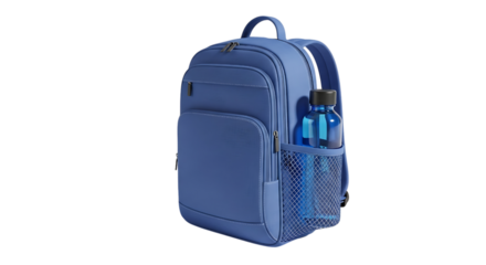 Blue backpack with a water bottle isolated on transparent background