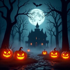 Spooky Halloween Night with Glowing Jack O’ Lanterns and Haunted Misty Forest – 3D Render