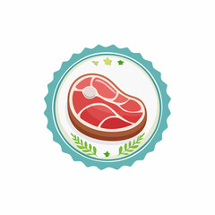 Cartoon style steak emblem presenting culinary delight with fresh green garnish and classic badge