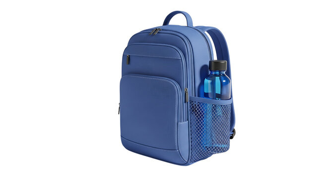 Blue backpack with a water bottle isolated on transparent background - Powered by Adobe