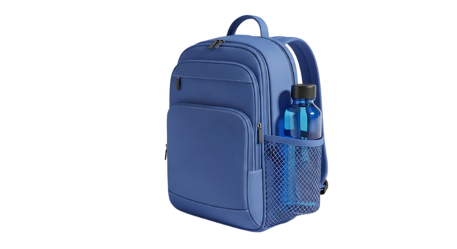 Blue backpack with a water bottle isolated on transparent background