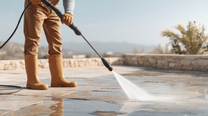 A person using a pressure washer to clean a stone patio outdoors, wearing protective boots and gloves.