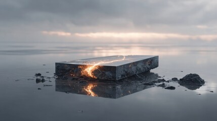 A reflective rectangular slab emerges from a calm water surface, glowing with molten light.