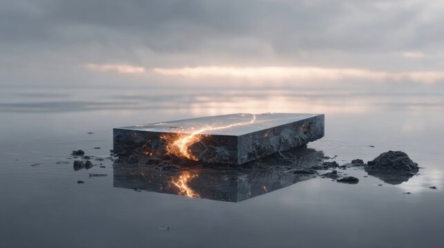 A reflective rectangular slab emerges from a calm water surface, glowing with molten light.