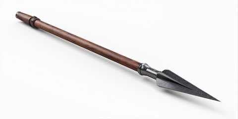 Medieval wooden spear with sharp metal head on white background