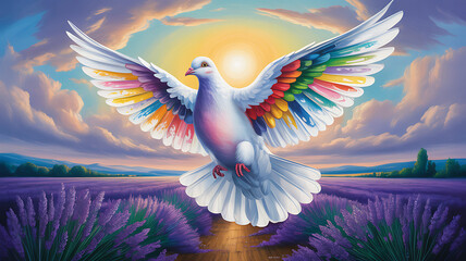 Fototapeta premium A colorful dove soars over a lavender field at sunset, spreading peace