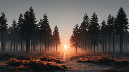A serene forest scene at sunrise, featuring tall pine trees and soft fog.
