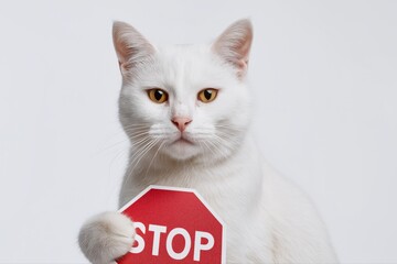 White cat holding stop sign against white background