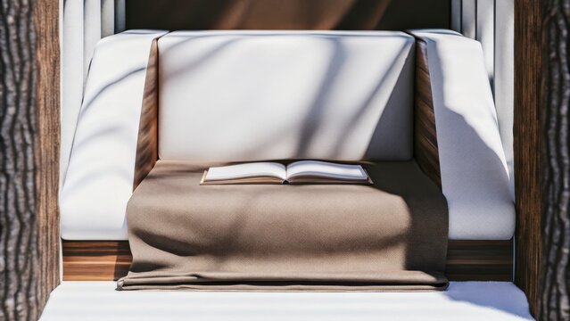 Elegant Reading Nook With Open Book Surrounded By Snowy Trees And Cozy Soft Textiles In Winter Setting