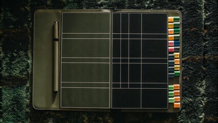 Obraz premium Flatlay of a Colorful Planner with various Markers and a Pen on a Textured Background