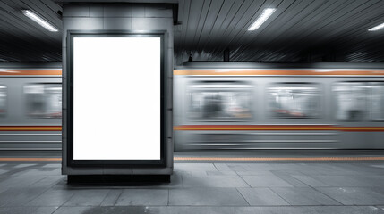 Train arrives at underground station next to an empty advertisement panel during a busy time in the city Generative AI