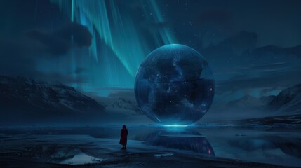 A solitary figure in a red coat stands before a glowing, spherical structure reflecting auroras under a starry sky.