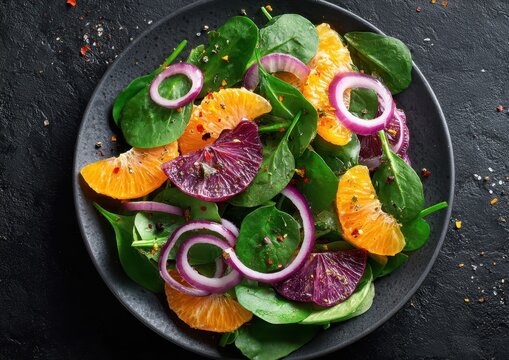 Vibrant salad with spinach, orange, red onion, and blood orange segments on a dark plate