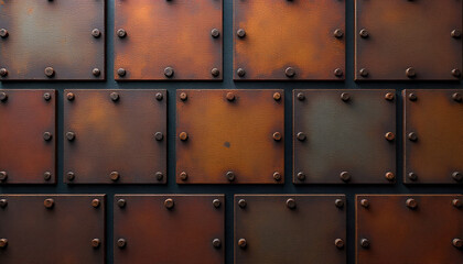 Rusty metal plates with bolts arranged in a grid pattern, creating an industrial textured background.