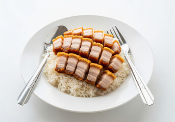 Crispy Pork Rice,Spoon and fork on a Plate on white background isolated 