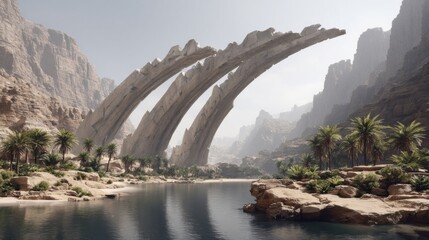 Fototapeta premium A surreal landscape featuring curved stone structures over a serene river, surrounded by palm trees.