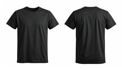 A plain black t-shirt displayed from both front and back views for design