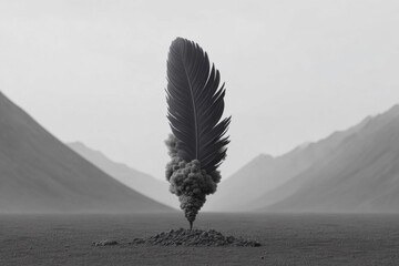 A surreal monochrome image featuring a large feather rising from a plume of smoke amidst a stark mountainous landscape.