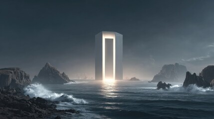 A towering monolith stands in a turbulent sea, illuminated by a bright opening, surrounded by jagged rocks.