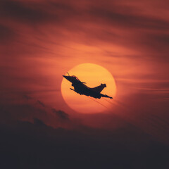 Jet fighter soaring against a vibrant sunset sky with clouds in the background Generative AI