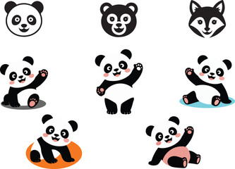 Cute panda  panda and fox mascot collection set vector illustration