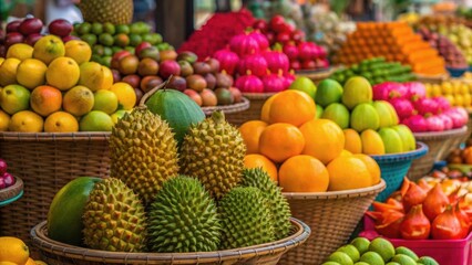 Vibrant market display of various fruits in baskets, showcasing a colorful array of tropical produce.
