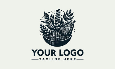 Black Vector of Quinoa Bowl with Grain Plants and Seed Details.