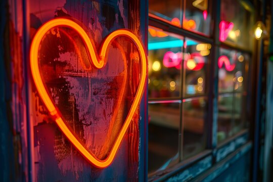 Glowing neon heart sign illuminating a dark urban setting at night, creating a romantic and vibrant atmosphere - Powered by Adobe