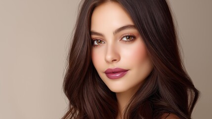 Fototapeta premium A portrait of a young woman with long hair and a natural makeup look against a soft background.
