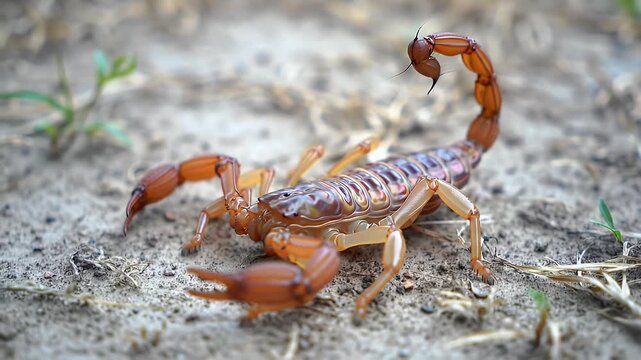 Brown Desert Scorpion with Raised Stinger on Dry Earth, Detailed Close-up of Venomous Arachnid in Natural Habitat