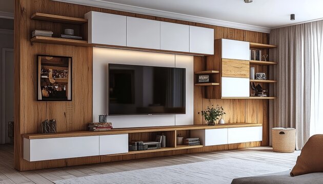 Chic modern living room with wood paneling, white accents, and stylish storage solutions for decor.
