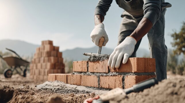 A worker lays bricks with mortar at a construction site, surrounded by tools and materials.